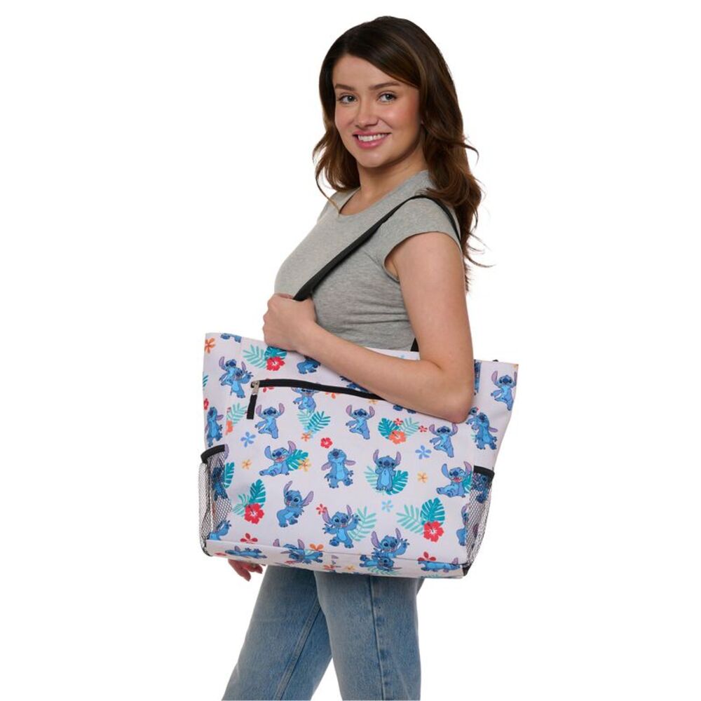 Disney Lilo & Stitch Large Tote Bag Zipper Beach Travel Bag Water Bottle Pockets